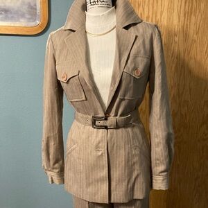 Kenar Beige Belted 2-piece Pinstripe Pantsuit